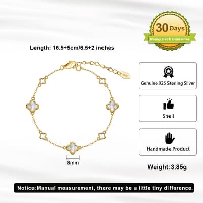Gold Plated Four Leaf Clover Shell Pearl 925 Sterling Silver Charm Bracelet detail 5