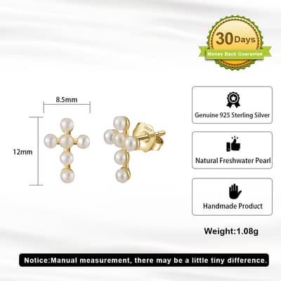 Freshwater Pearl Cross Earrings 925 Sterling Silver Classic Style detail 5