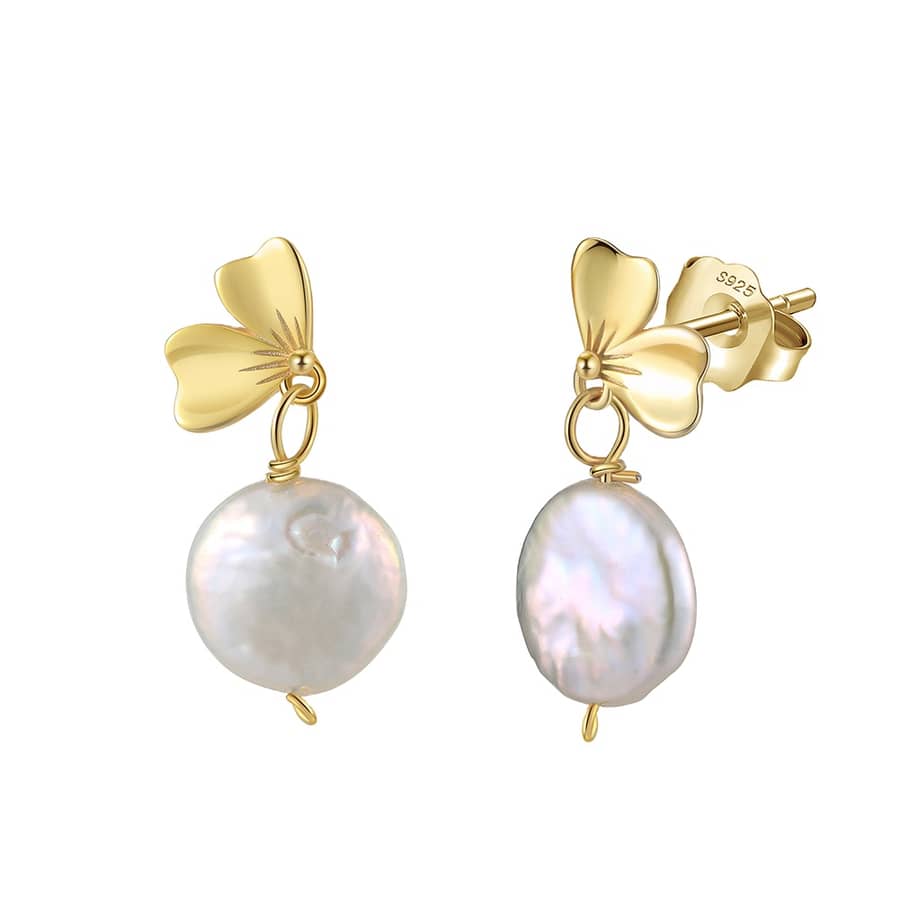 Elegant Flower Petal Pearl Earrings 14K Gold Plated 925 Sterling Silver Simple Freshwater Pearl Drop Earrings - main