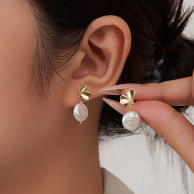 Elegant Flower Petal Pearl Earrings 14K Gold Plated 925 Sterling Silver Simple Freshwater Pearl Drop Earrings detail 2