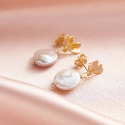 Elegant Flower Petal Pearl Earrings 14K Gold Plated 925 Sterling Silver Simple Freshwater Pearl Drop Earrings detail 3