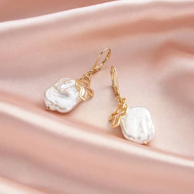14K Gold Plated 925 Sterling Silver Freshwater Pearl Cross Drop Earrings detail 1