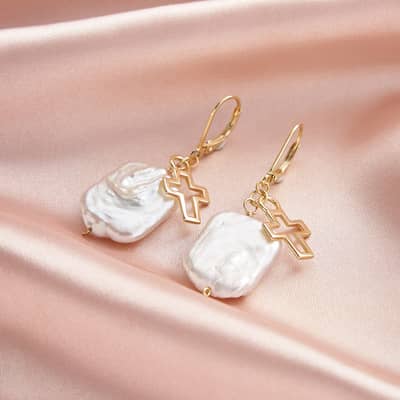 14K Gold Plated 925 Sterling Silver Freshwater Pearl Cross Drop Earrings detail 2