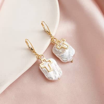 14K Gold Plated 925 Sterling Silver Freshwater Pearl Cross Drop Earrings detail 3