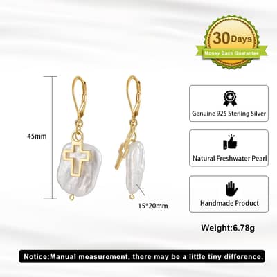14K Gold Plated 925 Sterling Silver Freshwater Pearl Cross Drop Earrings detail 5