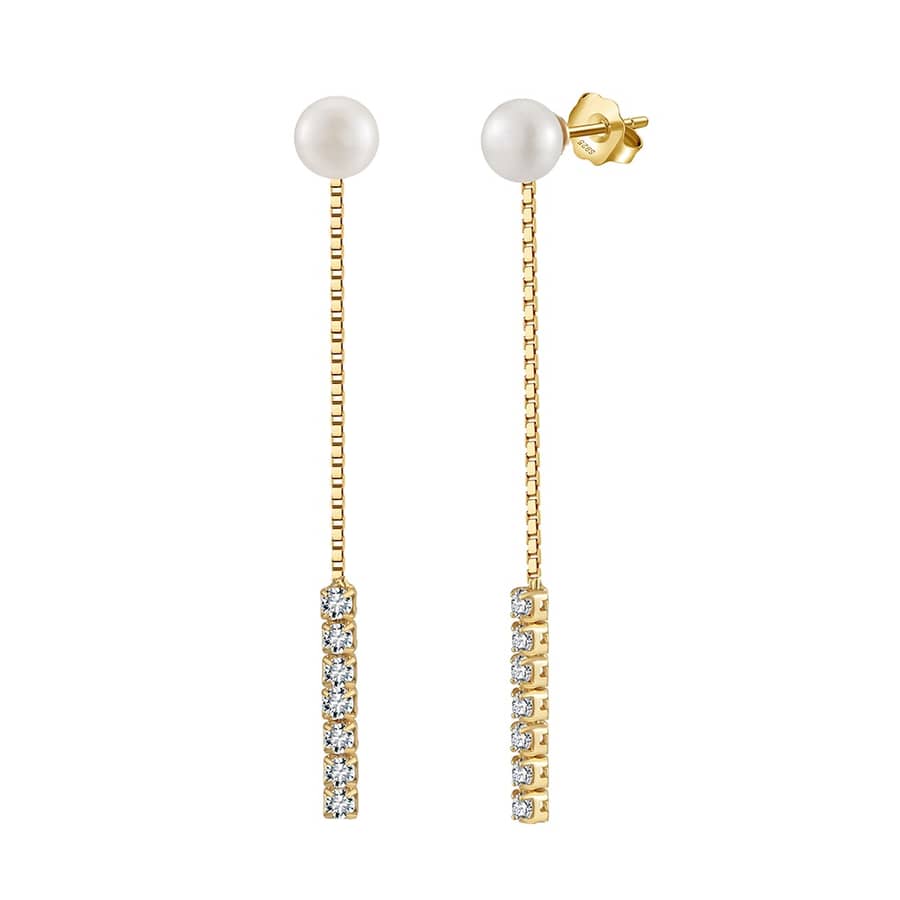 925 Sterling Silver Freshwater Pearl Zircon Dangle Tassel Chain Earrings - main