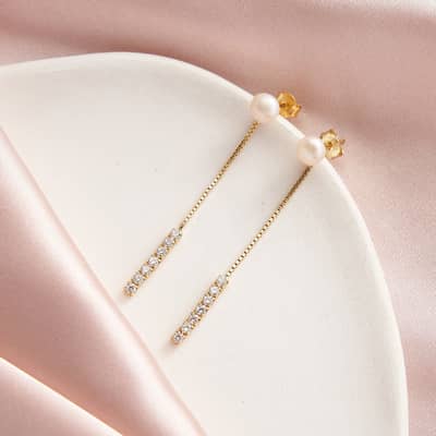 925 Sterling Silver Freshwater Pearl Zircon Dangle Tassel Chain Earrings detail 3