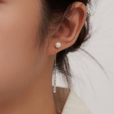 925 Sterling Silver Freshwater Pearl Zircon Dangle Tassel Chain Earrings detail 4