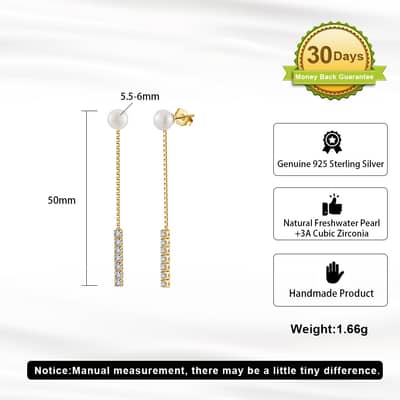 925 Sterling Silver Freshwater Pearl Zircon Dangle Tassel Chain Earrings detail 5