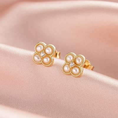 Dainty 925 Sterling Silver Cubic Zirconia Freshwater Pearl Four Leaf Clover Stud Earrings detail 1