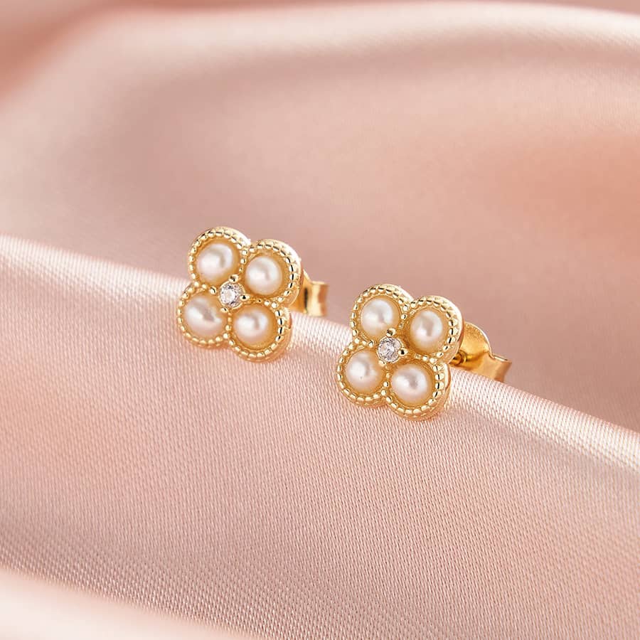 Dainty 925 Sterling Silver Cubic Zirconia Freshwater Pearl Four Leaf Clover Stud Earrings - main