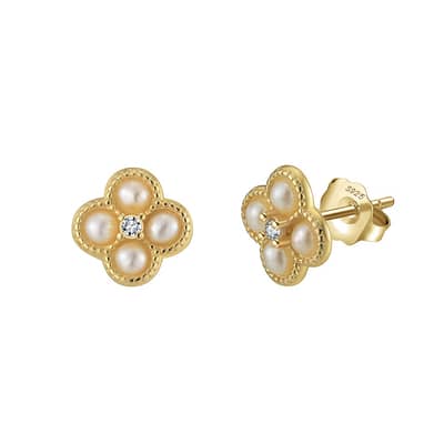 Dainty 925 Sterling Silver Cubic Zirconia Freshwater Pearl Four Leaf Clover Stud Earrings detail 2