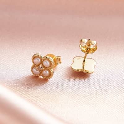 Dainty 925 Sterling Silver Cubic Zirconia Freshwater Pearl Four Leaf Clover Stud Earrings detail 3