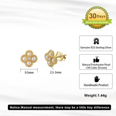 Dainty 925 Sterling Silver Cubic Zirconia Freshwater Pearl Four Leaf Clover Stud Earrings detail 5
