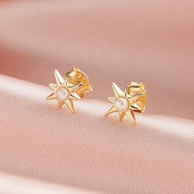 925 Sterling Silver Freshwater Pearl Eight-Pointed Star Stud Earrings detail 2