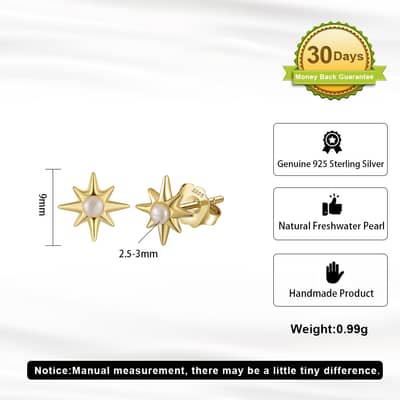 925 Sterling Silver Freshwater Pearl Eight-Pointed Star Stud Earrings detail 5