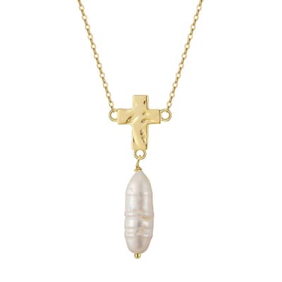 Elegant Freshwater Long Pearl Stick Pendant Necklace With Cross detail 1