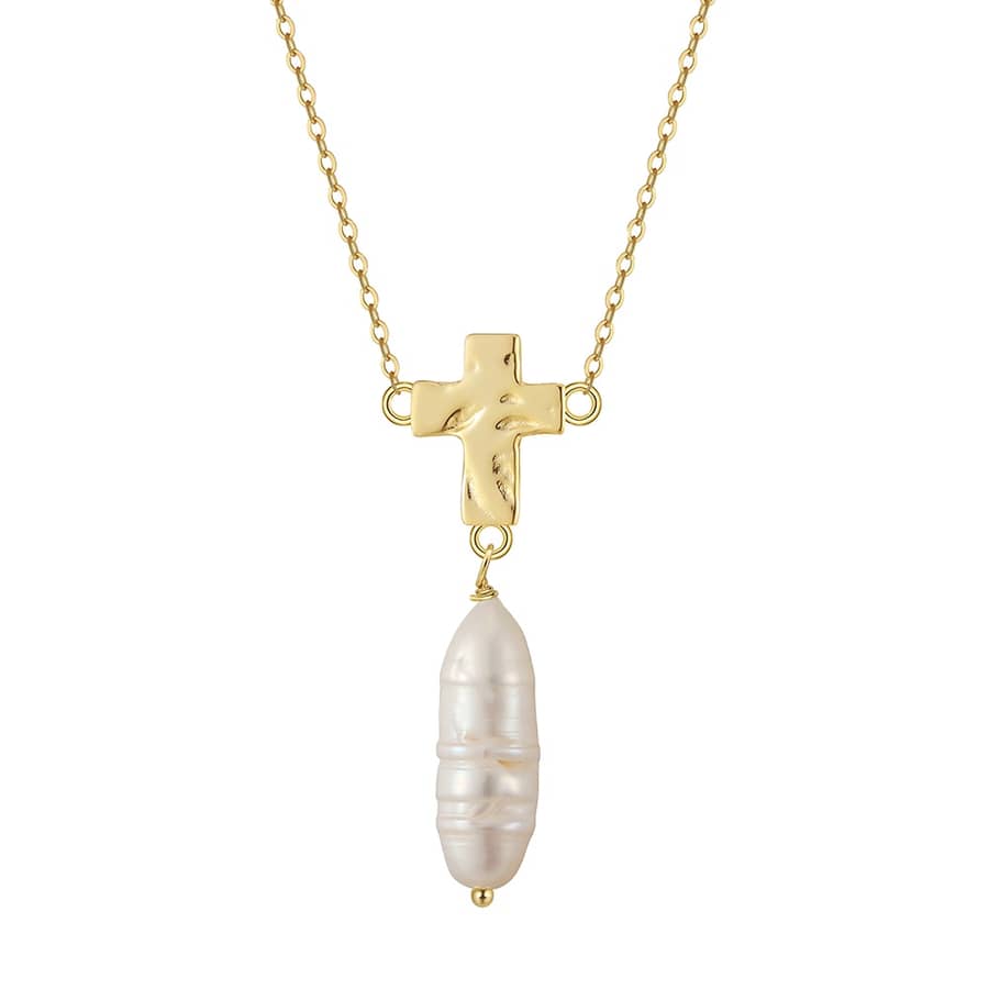 Elegant Freshwater Long Pearl Stick Pendant Necklace With Cross - main