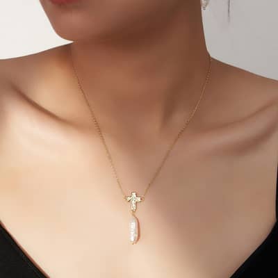 Elegant Freshwater Long Pearl Stick Pendant Necklace With Cross detail 4