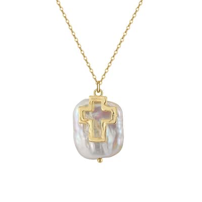 925 Sterling Silver Chain Charm Baroque Freshwater Pearl Necklace 14K Gold Plated Cross Pendant detail 1