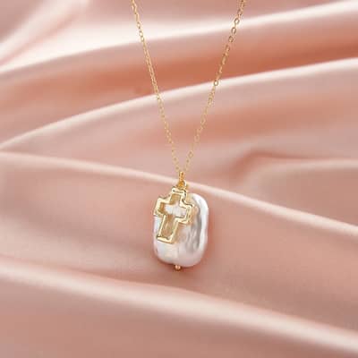 925 Sterling Silver Chain Charm Baroque Freshwater Pearl Necklace 14K Gold Plated Cross Pendant detail 2