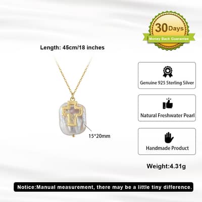 925 Sterling Silver Chain Charm Baroque Freshwater Pearl Necklace 14K Gold Plated Cross Pendant detail 5