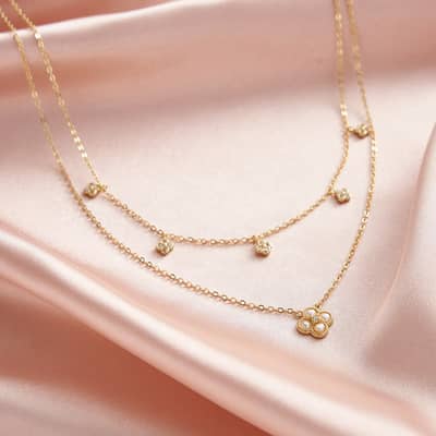 Cubic Zirconia 925 Sterling Silver Double Chain Four Leaf Clover Freshwater Pearl Necklace detail 2