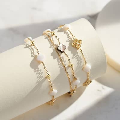 14K Gold Plated Luxury Four Leaf Clover Bracelet S925 Silver Pearl Bracelet Set detail 6