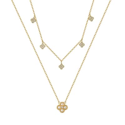 Cubic Zirconia 925 Sterling Silver Double Chain Four Leaf Clover Freshwater Pearl Necklace detail 1