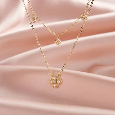 Cubic Zirconia 925 Sterling Silver Double Chain Four Leaf Clover Freshwater Pearl Necklace detail 2