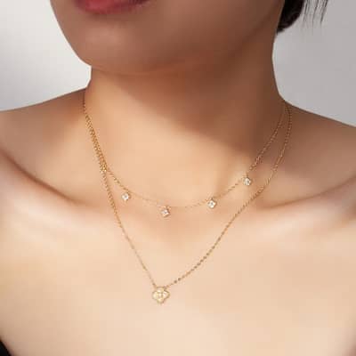 Cubic Zirconia 925 Sterling Silver Double Chain Four Leaf Clover Freshwater Pearl Necklace detail 4