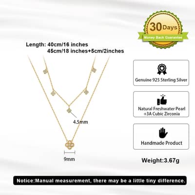 Cubic Zirconia 925 Sterling Silver Double Chain Four Leaf Clover Freshwater Pearl Necklace detail 5