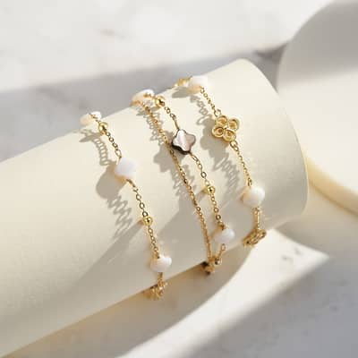 S925 Silver 14K Gold Plated Chain Bracelet Shell Pearl Four Leaf Clover Bracelets detail 1