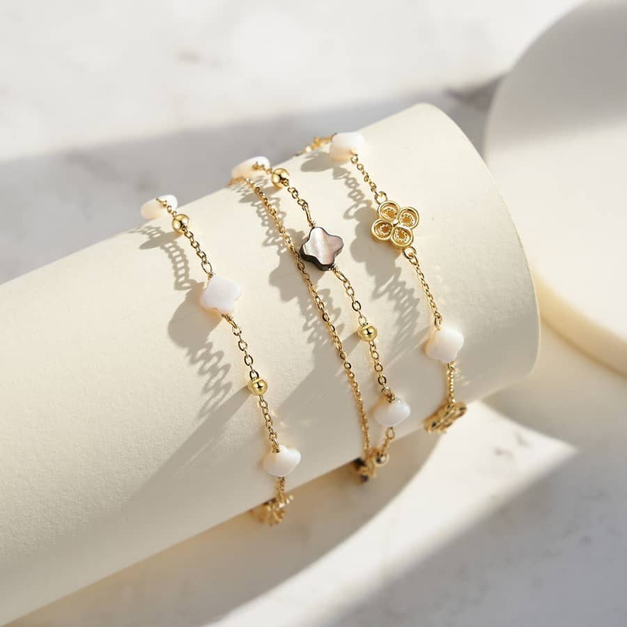 S925 Silver 14K Gold Plated Chain Bracelet Shell Pearl Four Leaf Clover Bracelets - main
