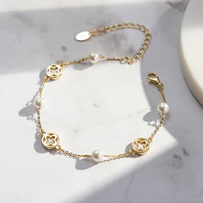 S925 Silver 14K Gold Plated Chain Bracelet Shell Pearl Four Leaf Clover Bracelets detail 4