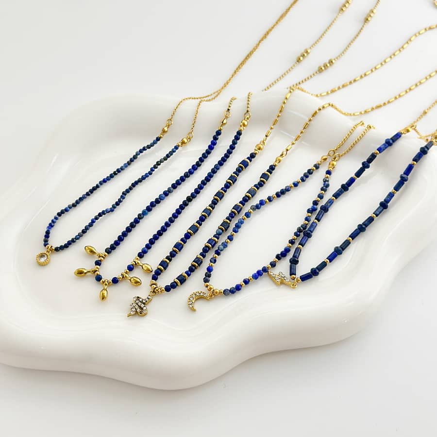 Beaded Necklace Natural Stone Zircon Moon Pendant Waterproof Stainless Steel Bead Chain - main