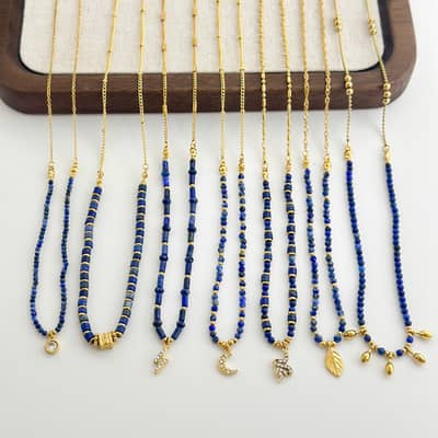 Beaded Necklace Natural Stone Zircon Moon Pendant Waterproof Stainless Steel Bead Chain detail 4
