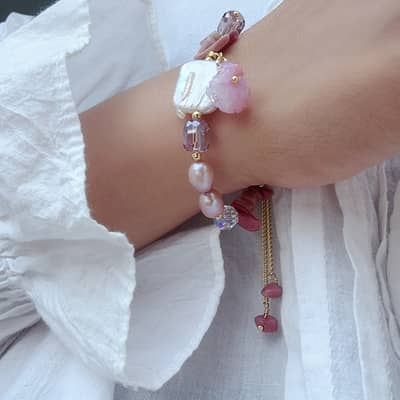 Vintage Natural Freshwater Baroque Pearl Red Crystal Bracelet detail 3