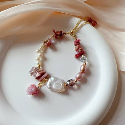 Vintage Natural Freshwater Baroque Pearl Red Crystal Bracelet detail 6