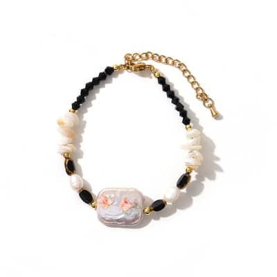 Vintage Natural Freshwater Baroque Pearl Black Bead Shell Bracelet detail 1