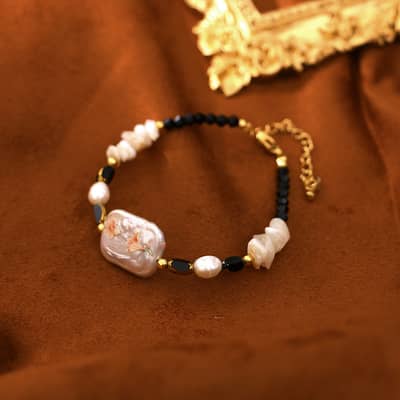 Vintage Natural Freshwater Baroque Pearl Black Bead Shell Bracelet detail 2