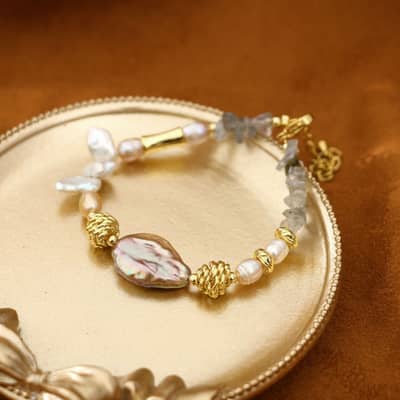 Vintage Natural Baroque Freshwater Pearl Purple Stone Bracelet detail 4
