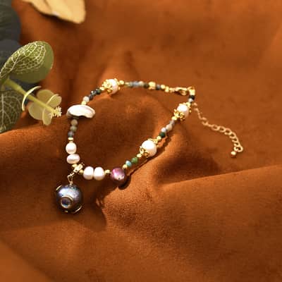 Vintage Natural Baroque Freshwater Pearl Purple Pearl Charm Bracelet detail 3