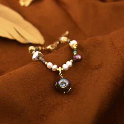 Vintage Natural Baroque Freshwater Pearl Purple Pearl Charm Bracelet detail 5