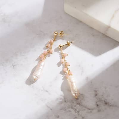 14K Gold Plated 925 Sterling Silver Freshwater Pearl Tassel Earrings Pink Opal Natural Stone Earrings detail 3