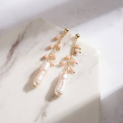 14K Gold Plated 925 Sterling Silver Freshwater Pearl Tassel Earrings Pink Opal Natural Stone Earrings detail 4