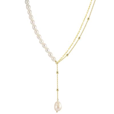 European American Tassel Asymmetric Pearl Necklace 14K Gold Plated Chain detail 1