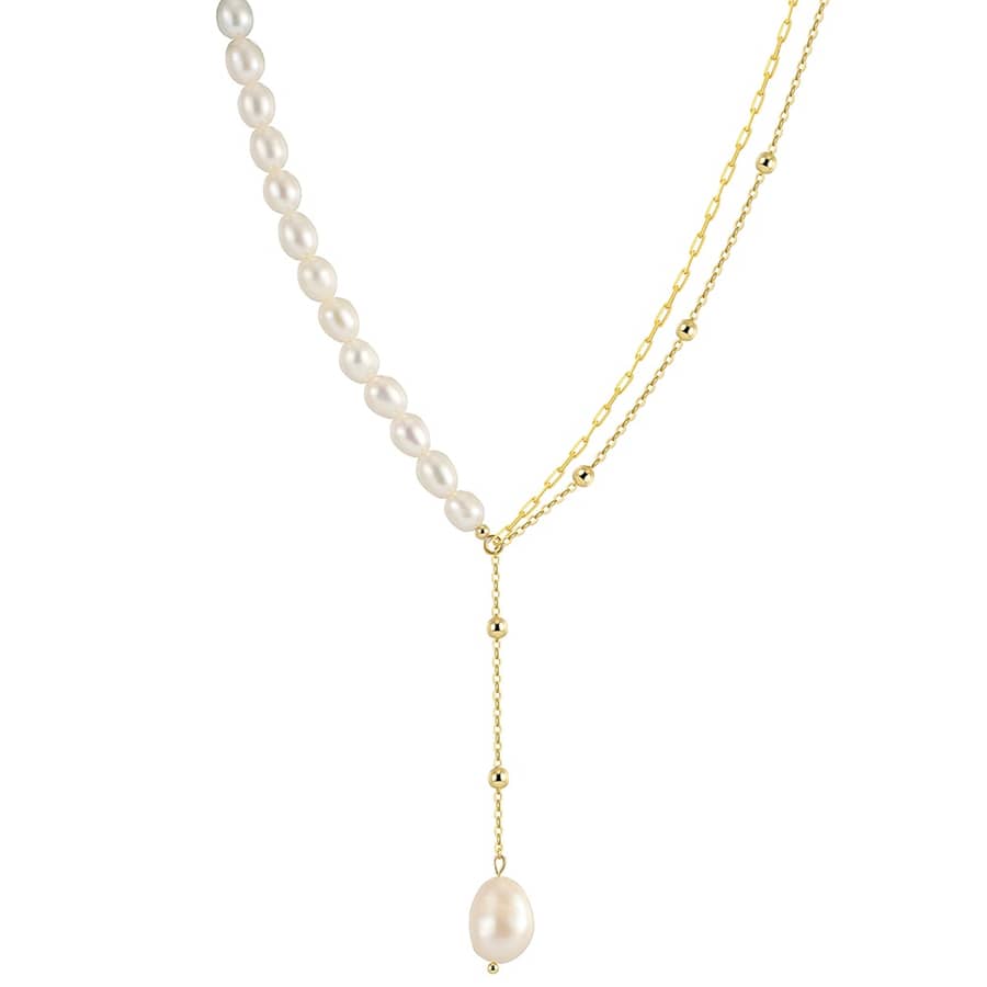 European American Tassel Asymmetric Pearl Necklace 14K Gold Plated Chain - main