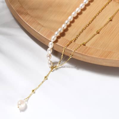 European American Tassel Asymmetric Pearl Necklace 14K Gold Plated Chain detail 3