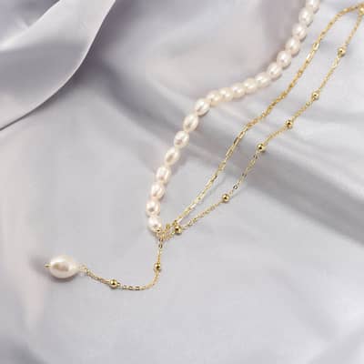 European American Tassel Asymmetric Pearl Necklace 14K Gold Plated Chain detail 4